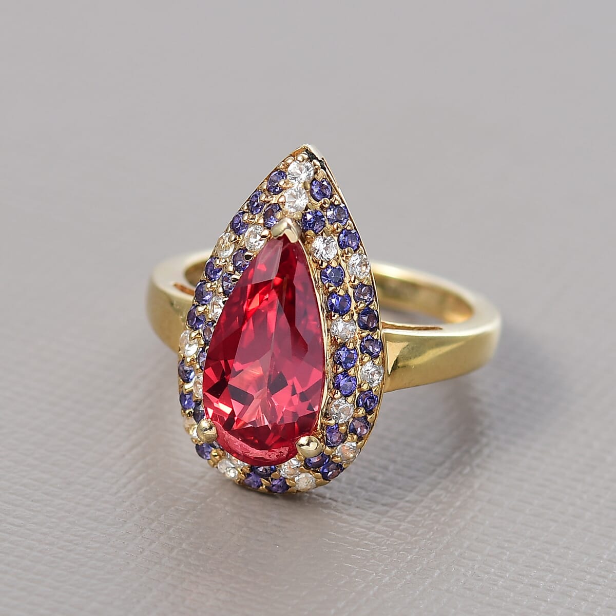 D'Joy Lab Created Padparadscha, Purple and White Sapphire 5.25 ctw Teardrop Ring in 18K Vermeil Yellow Gold Over Sterling Silver (Size 5.0) image number 1