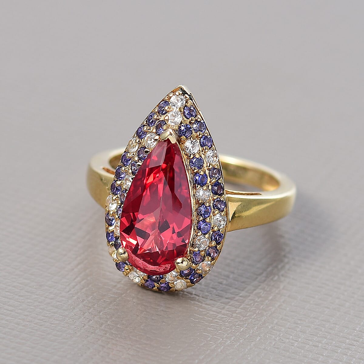 D'Joy Lab Created Padparadscha, Purple and White Sapphire 5.25 ctw Teardrop Ring in 18K Vermeil Yellow Gold Over Sterling Silver (Size 9.0) image number 1