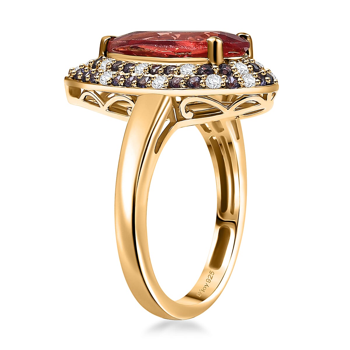 D'Joy Lab Created Padparadscha, Purple and White Sapphire 5.25 ctw Teardrop Ring in 18K Vermeil Yellow Gold Over Sterling Silver (Size 9.0) image number 3