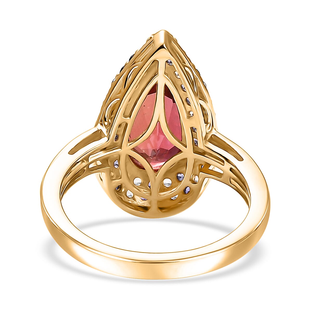 D'Joy Lab Created Padparadscha, Purple and White Sapphire 5.25 ctw Teardrop Ring in 18K Vermeil Yellow Gold Over Sterling Silver (Size 9.0) image number 4