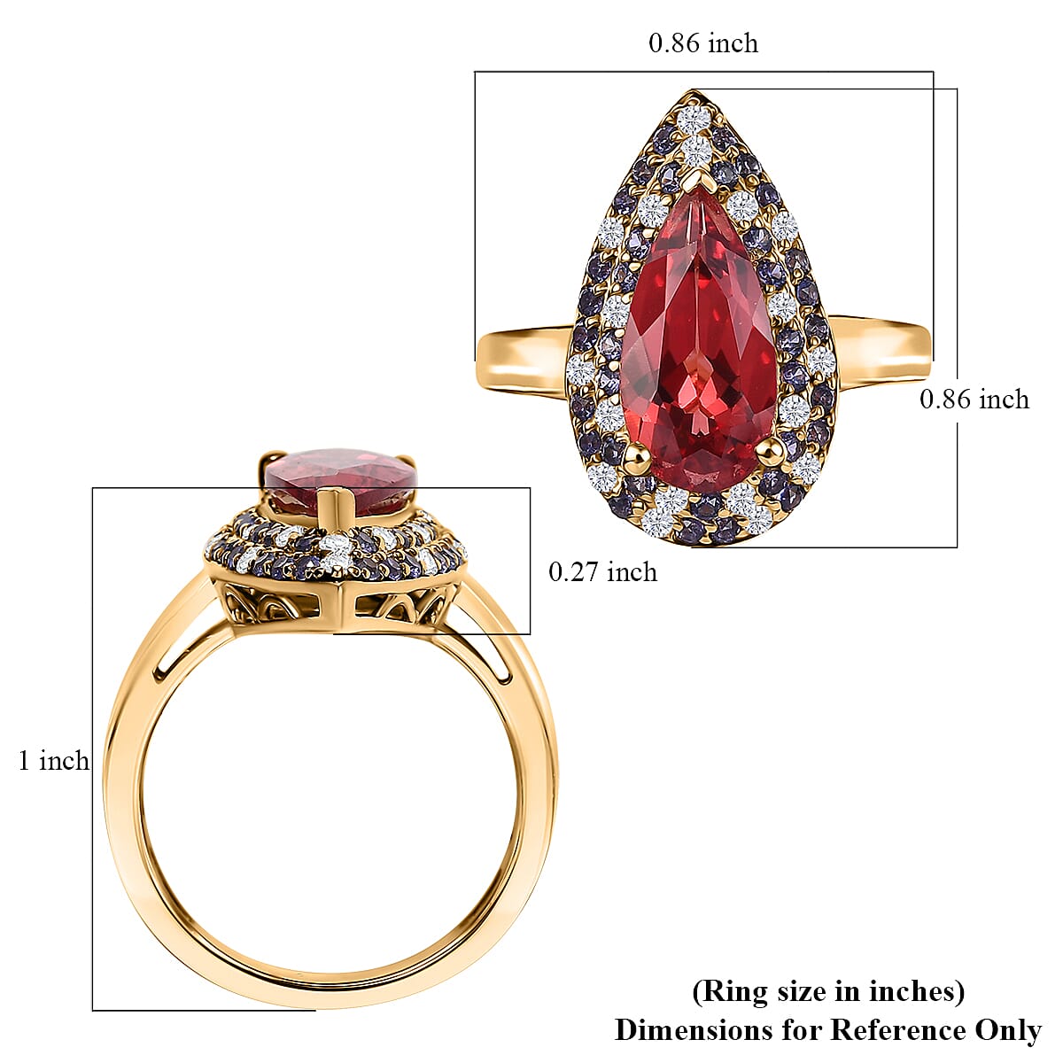 D'Joy Lab Created Padparadscha, Purple and White Sapphire 5.25 ctw Teardrop Ring in 18K Vermeil Yellow Gold Over Sterling Silver (Size 9.0) image number 5