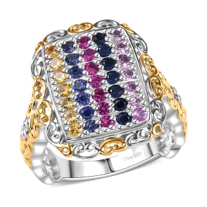 D'Joy Lab Created Multi Sapphire 1.50 ctw Victorian Era Scrolls Ring in Vermeil YG and Platinum Over Sterling Silver (Size 10.0)