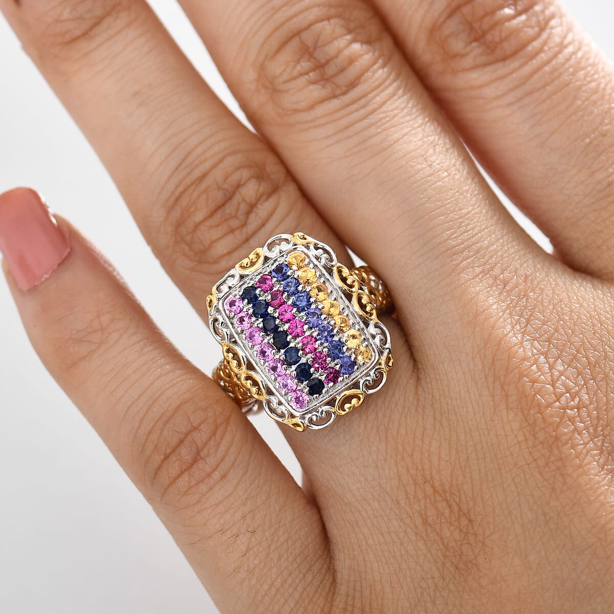 Lab Created Yellow Sapphire and Simulated Ruby 1.55 ctw Ring in Vermeil YG and Platinum Over Sterling Silver (Size 10.0) image number 2
