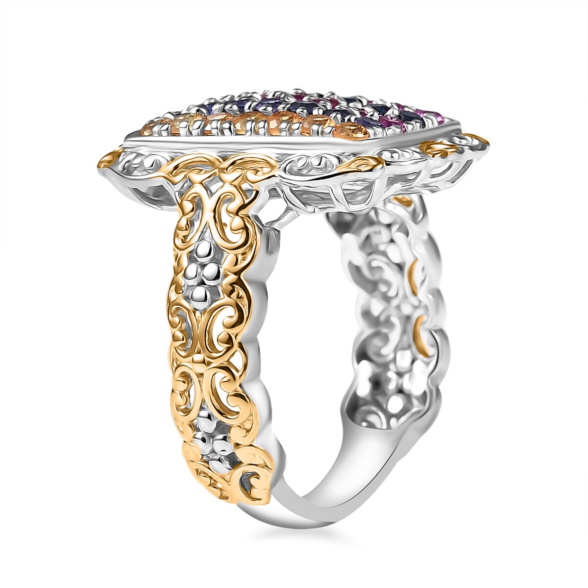 Lab Created Yellow Sapphire and Simulated Ruby 1.55 ctw Ring in Vermeil YG and Platinum Over Sterling Silver (Size 10.0) image number 3