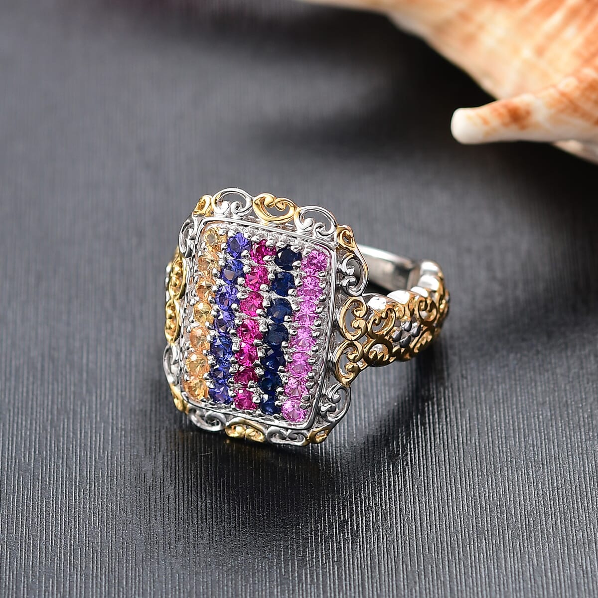 D'Joy Lab Created Multi Sapphire 1.50 ctw Victorian Era Scrolls Ring in Vermeil YG and Platinum Over Sterling Silver (Size 5.0) image number 1