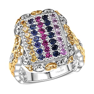 D'Joy Lab Created Multi Sapphire 1.50 ctw Victorian Era Scrolls Ring in Vermeil YG and Platinum Over Sterling Silver (Size 6.0)