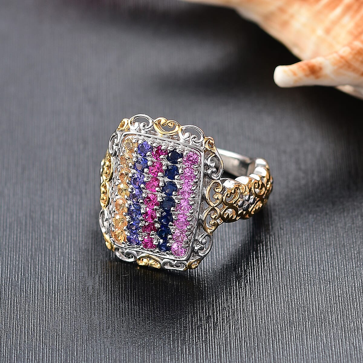 D'Joy Lab Created Multi Sapphire 1.50 ctw Victorian Era Scrolls Ring in Vermeil YG and Platinum Over Sterling Silver (Size 6.0) image number 1