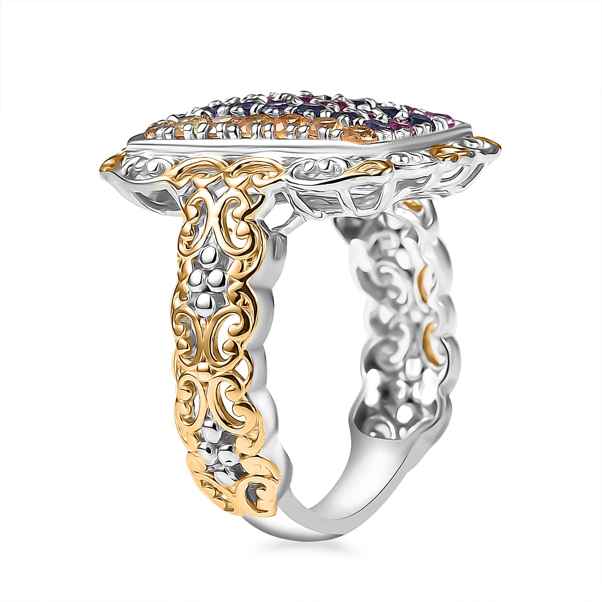 D'Joy Lab Created Multi Sapphire 1.50 ctw Victorian Era Scrolls Ring in Vermeil YG and Platinum Over Sterling Silver (Size 6.0) image number 3