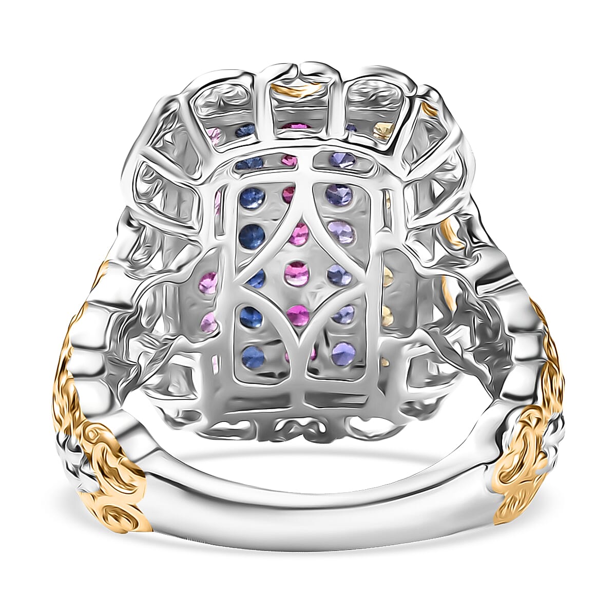 D'Joy Lab Created Multi Sapphire 1.50 ctw Victorian Era Scrolls Ring in Vermeil YG and Platinum Over Sterling Silver (Size 6.0) image number 4