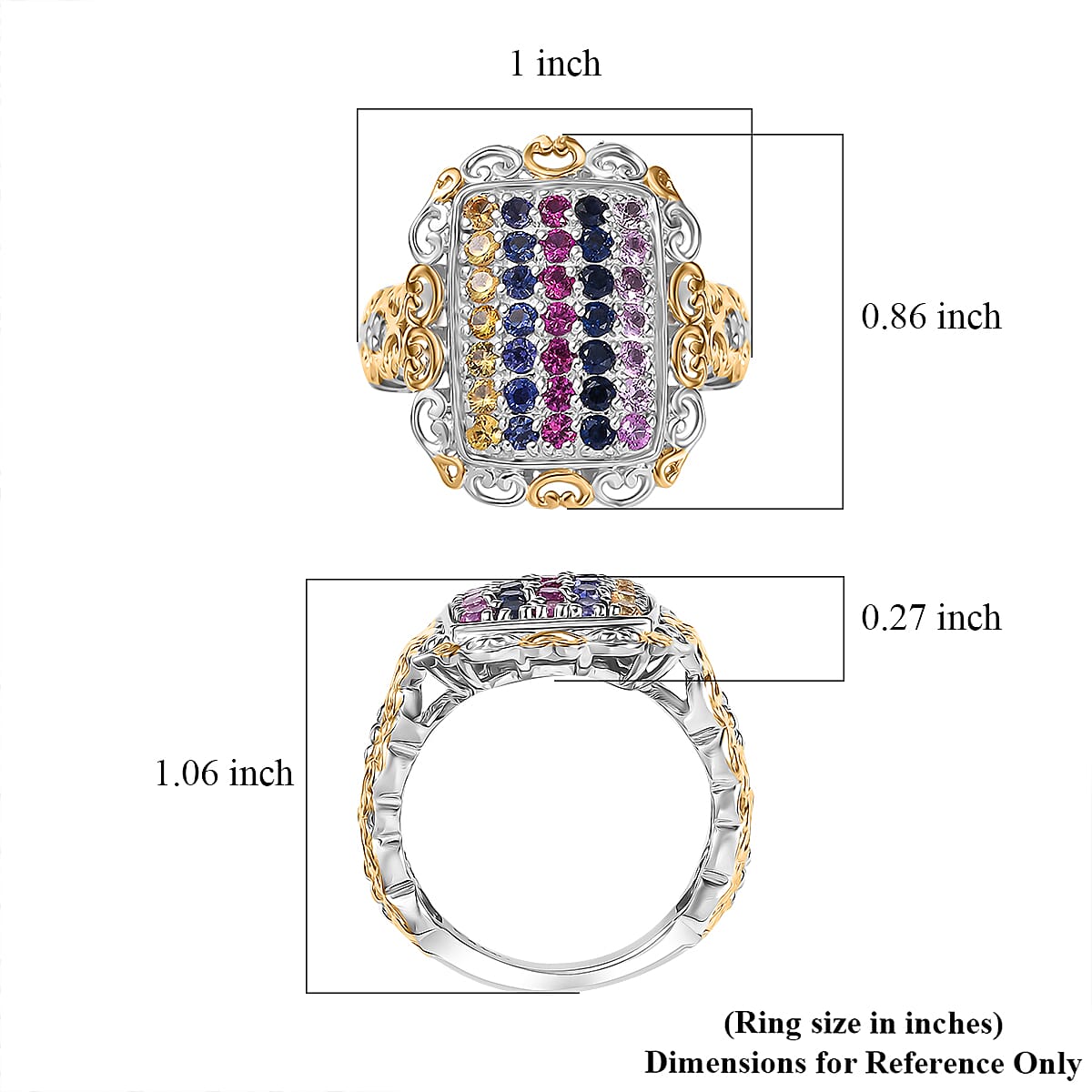 D'Joy Lab Created Multi Sapphire 1.50 ctw Victorian Era Scrolls Ring in Vermeil YG and Platinum Over Sterling Silver (Size 6.0) image number 5