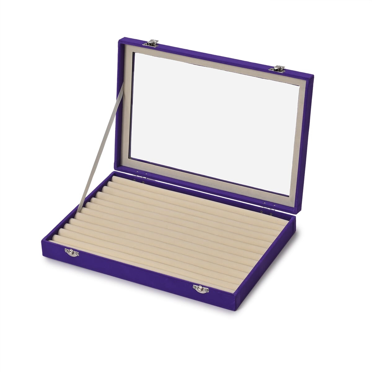 Purple and Cream Velvet Ring Box with Clear Glass Window and Anti Tarnish Lining (150 Rings Hold) image number 0