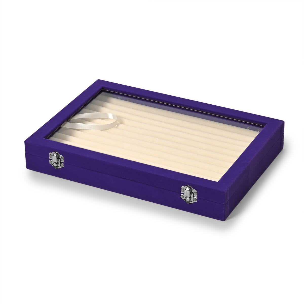 Purple and Cream Velvet Ring Box with Clear Glass Window and Anti Tarnish Lining (150 Rings Hold) image number 1