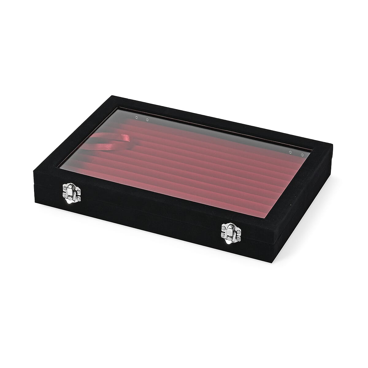 Black and Wine Red Velvet Ring Box with Clear Glass Window and Anti Tarnish Lining (150 Rings Hold) image number 1