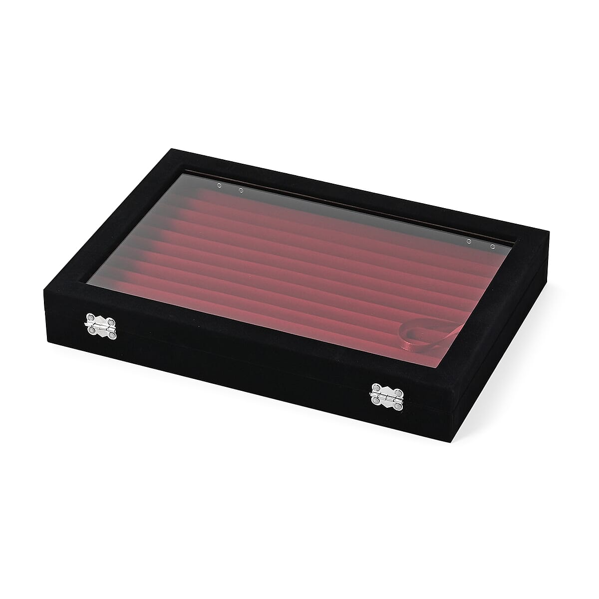 Black and Wine Red Velvet Ring Box with Clear Glass Window and Anti Tarnish Lining (150 Rings Hold) image number 2