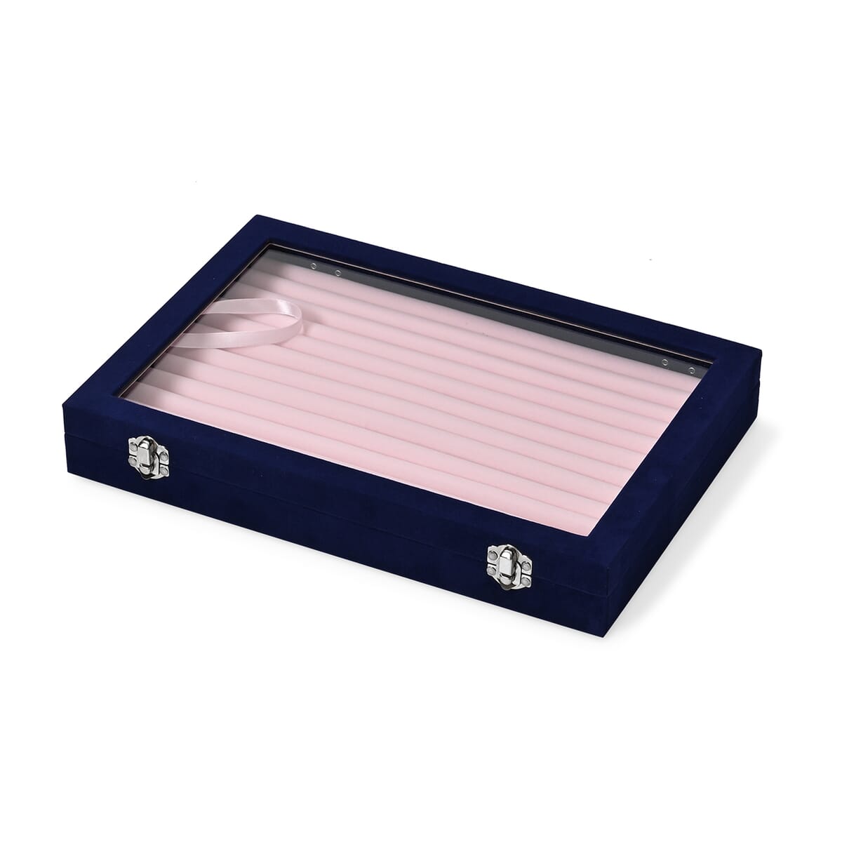 Dark Blue and Pink Velvet Ring Box with Clear Glass Window and Anti Tarnish Lining (150 Rings Hold) image number 1