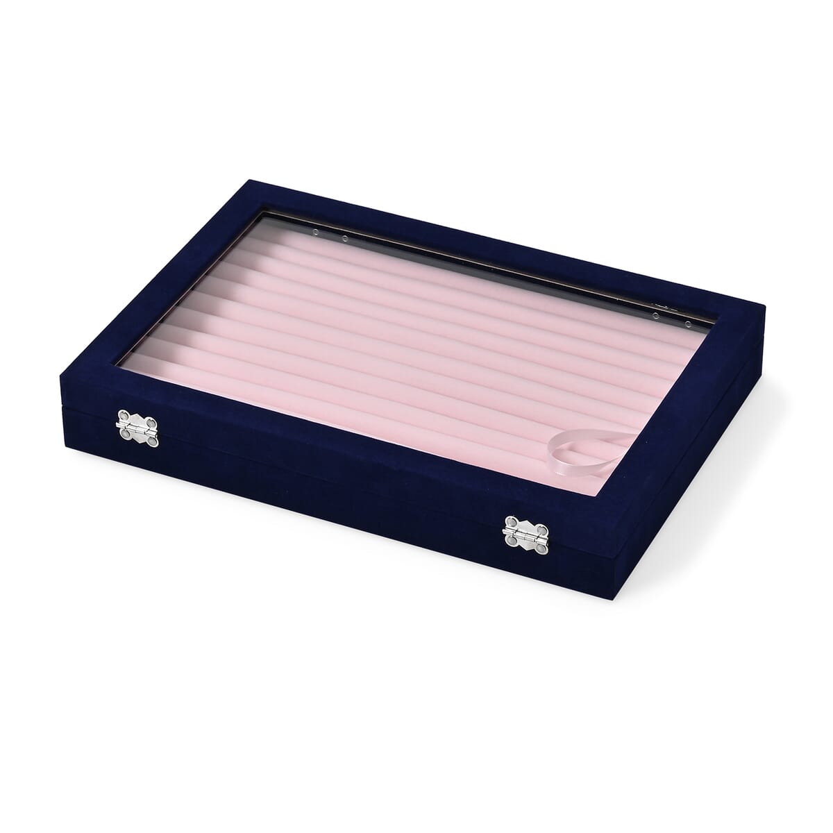 Dark Blue and Pink Velvet Ring Box with Clear Glass Window and Anti Tarnish Lining (150 Rings Hold) image number 2