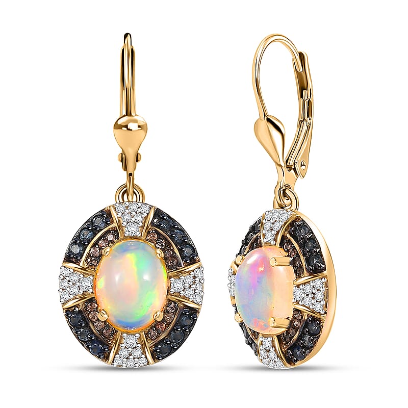 D'Joy Ethiopian Welo Opal and Multi Gemstone 4.35 ctw Greek Cross Lever Back Earrings in 18K Vermeil Yellow Gold Over Sterling Silver