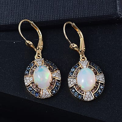 D'Joy Ethiopian Welo Opal and Multi Gemstone 4.35 ctw Greek Cross Lever Back Earrings in 18K Vermeil Yellow Gold Over Sterling Silver
