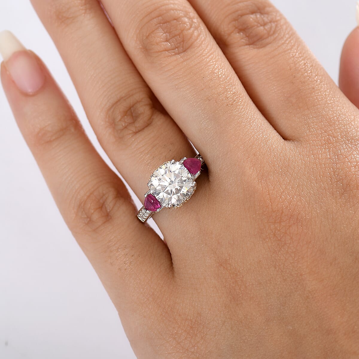 D'Joy Heart and Arrow Cut Moissanite and Niassa Ruby 4.25 ctw Ring in 18K Vermeil YG and Rhodium Over Sterling Silver (Size  10.0) image number 2