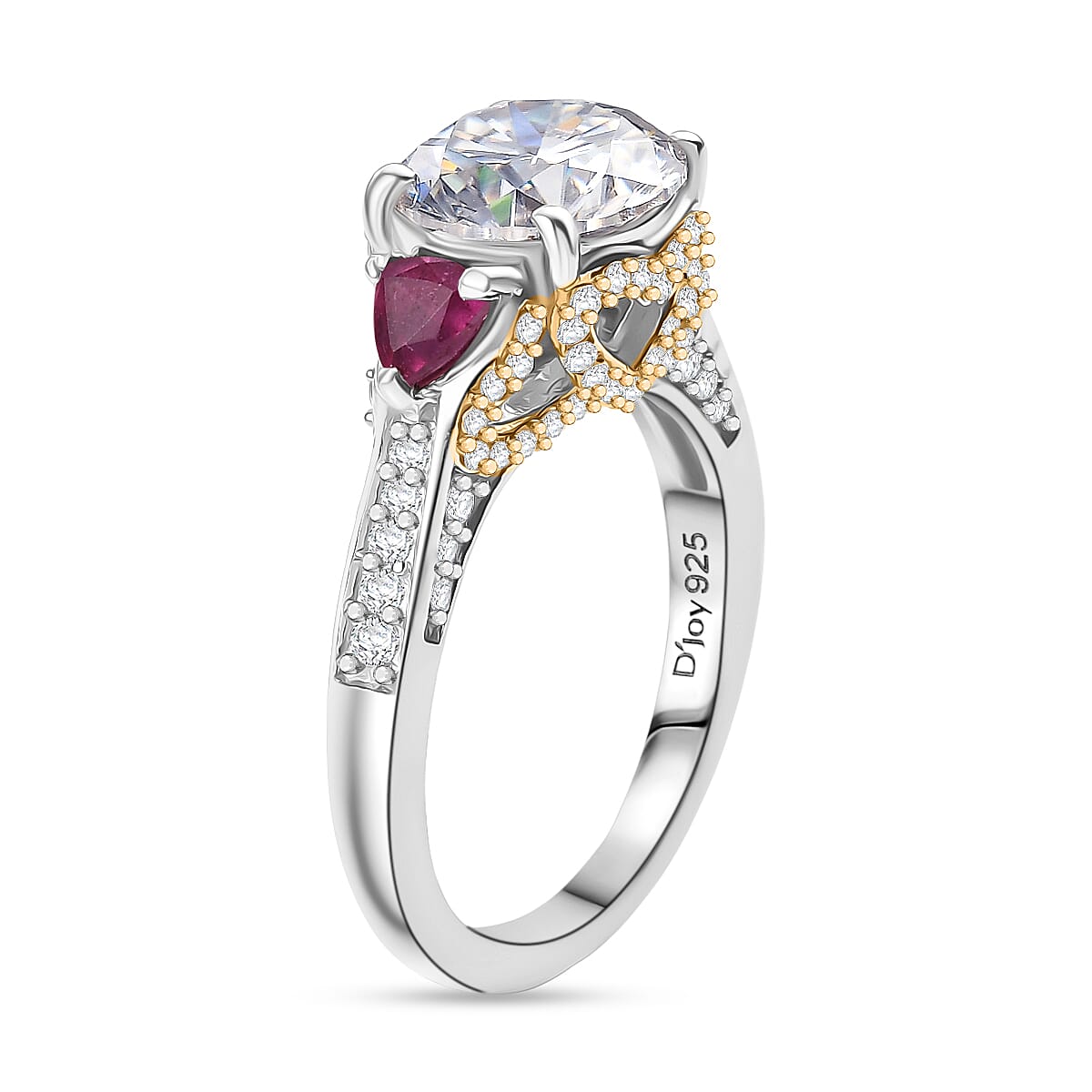 D'Joy Heart and Arrow Cut Moissanite and Niassa Ruby 4.25 ctw Ring in 18K Vermeil YG and Rhodium Over Sterling Silver (Size  10.0) image number 3