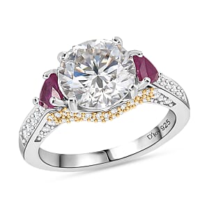 D'Joy Heart and Arrow Cut Moissanite and Niassa Ruby 4.25 ctw Ring in 18K Vermeil YG and Rhodium Over Sterling Silver (Size  6.0)