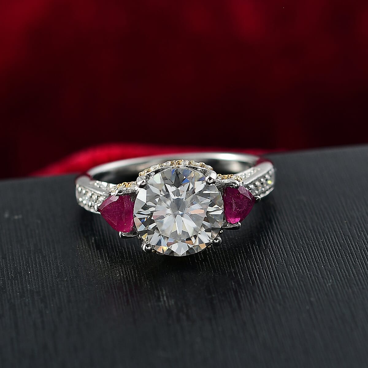 D'Joy Heart and Arrow Cut Moissanite and Niassa Ruby 4.25 ctw Ring in 18K Vermeil YG and Rhodium Over Sterling Silver (Size  6.0) image number 1