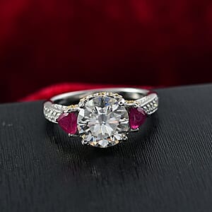 D'Joy Heart and Arrow Cut Moissanite and Niassa Ruby 4.25 ctw Ring in 18K Vermeil YG and Rhodium Over Sterling Silver (Size  6.0)