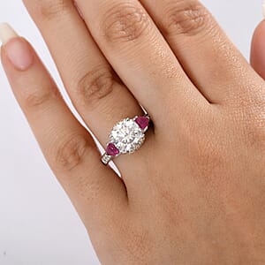 D'Joy Heart and Arrow Cut Moissanite and Niassa Ruby 4.25 ctw Ring in 18K Vermeil YG and Rhodium Over Sterling Silver (Size  6.0)