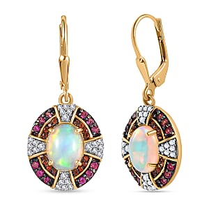 D'Joy Ethiopian Welo Opal and Multi Gemstone 4.35 ctw Greek Cross Lever Back Earrings in 18K Vermeil Yellow Gold Over Sterling Silver