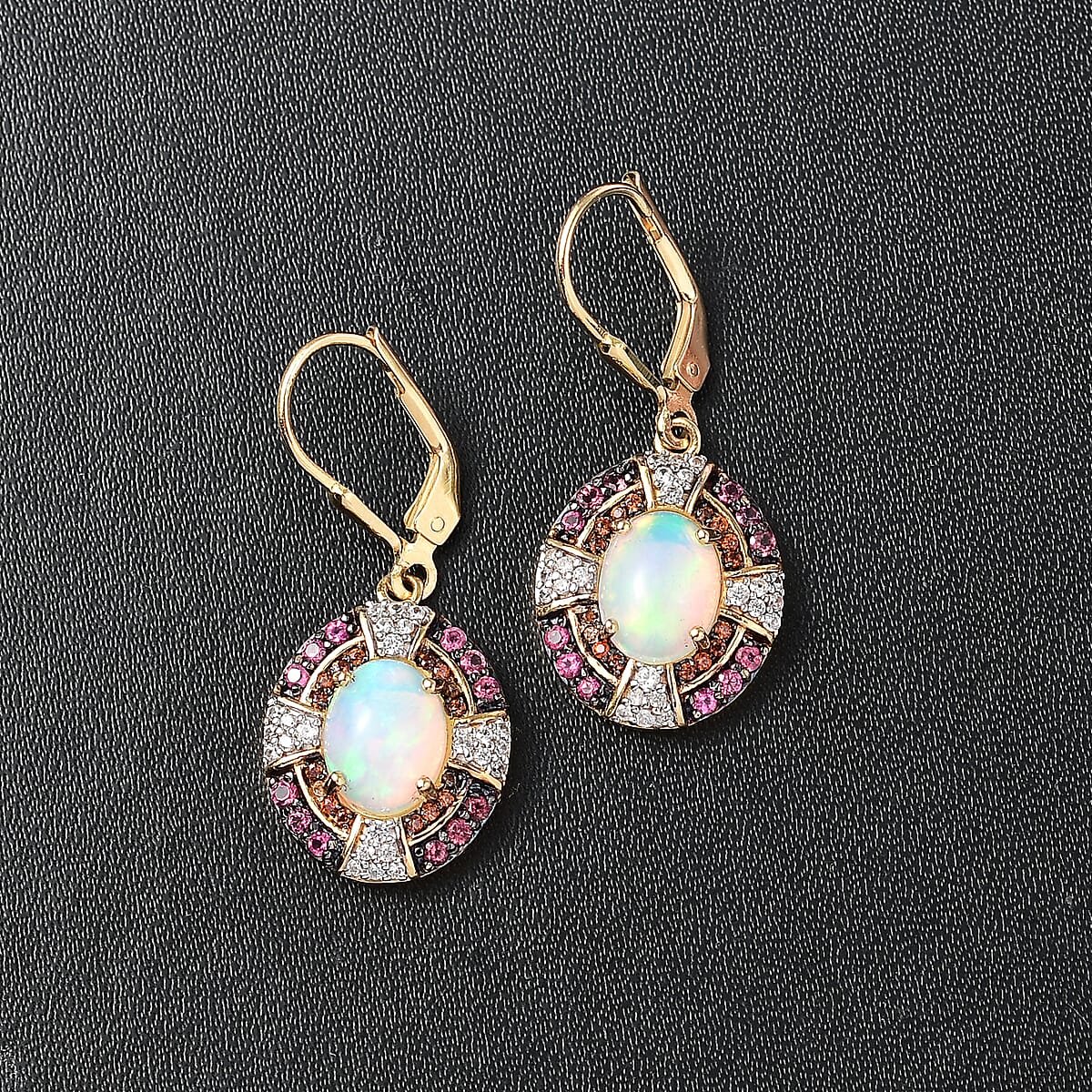 D'Joy Ethiopian Welo Opal and Multi Gemstone 4.35 ctw Greek Cross Lever Back Earrings in 18K Vermeil Yellow Gold Over Sterling Silver image number 1
