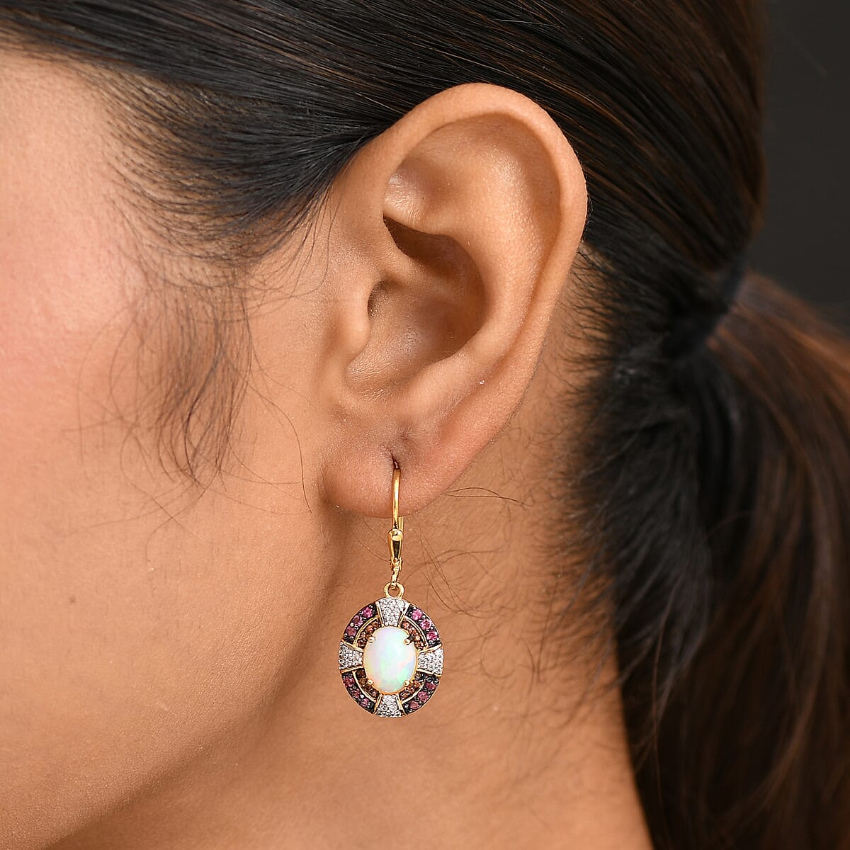 D'Joy Ethiopian Welo Opal and Multi Gemstone 4.35 ctw Greek Cross Lever Back Earrings in 18K Vermeil Yellow Gold Over Sterling Silver image number 2