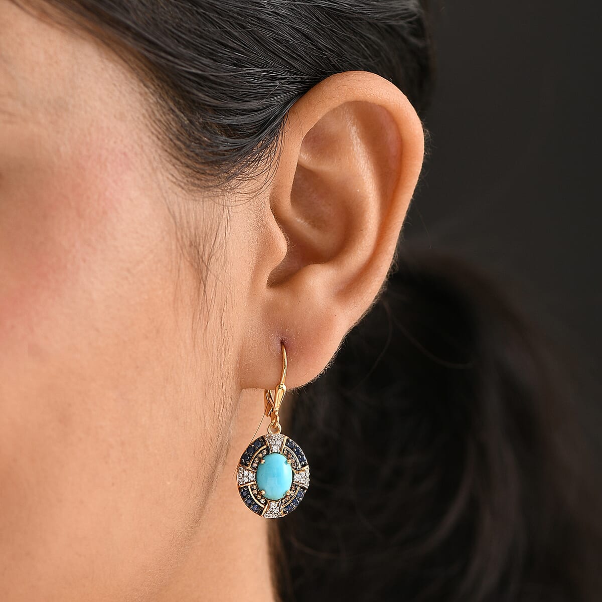 D'Joy Sleeping Beauty Turquoise and Multi Gemstone 4.85 ctw Lever Back Earring in 18K Vermeil Yellow Gold Over Sterling Silver image number 2