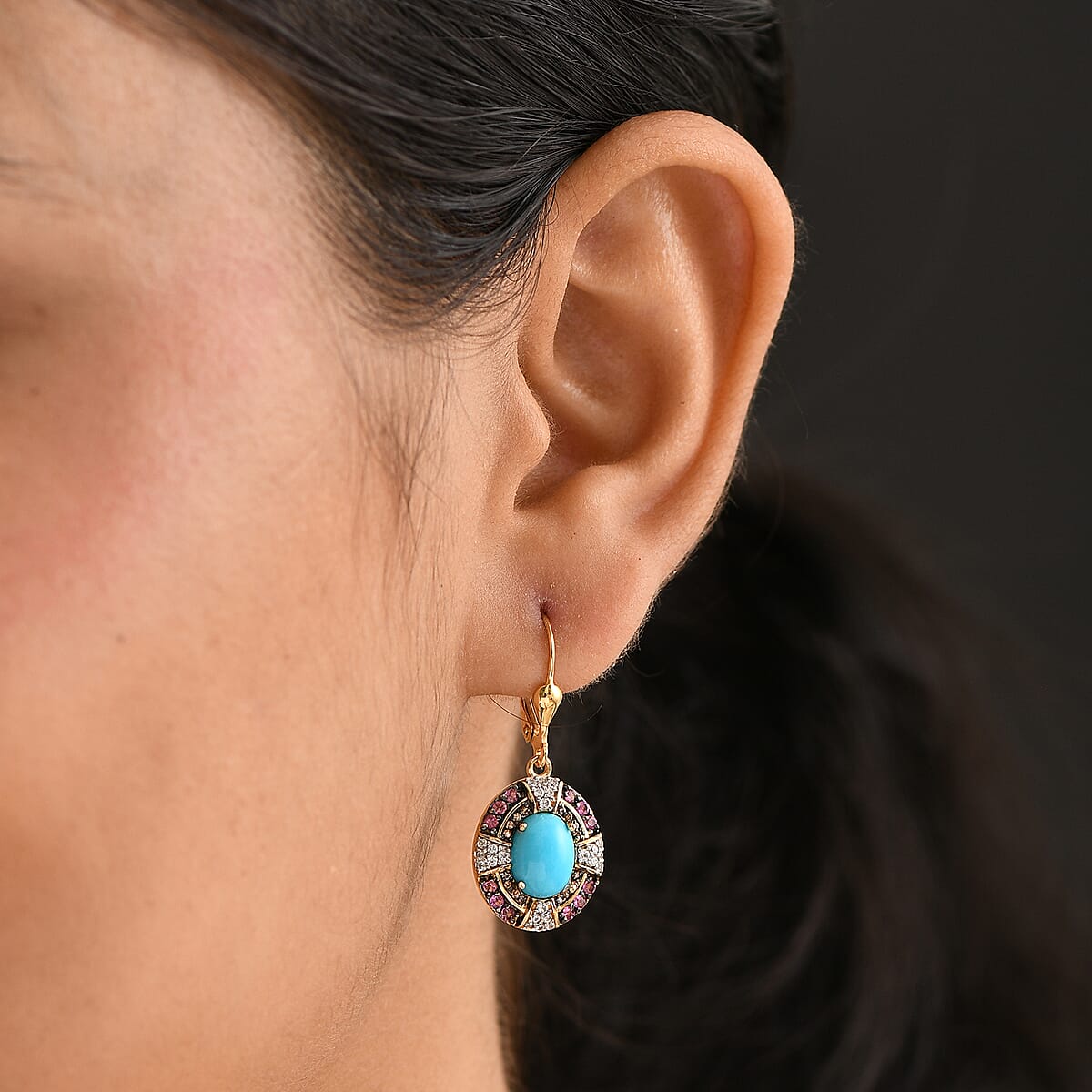 D'Joy Sleeping Beauty Turquoise and Multi Gemstone 4.85 ctw Lever Back Earring in 18K Vermeil Yellow Gold Over Sterling Silver image number 2