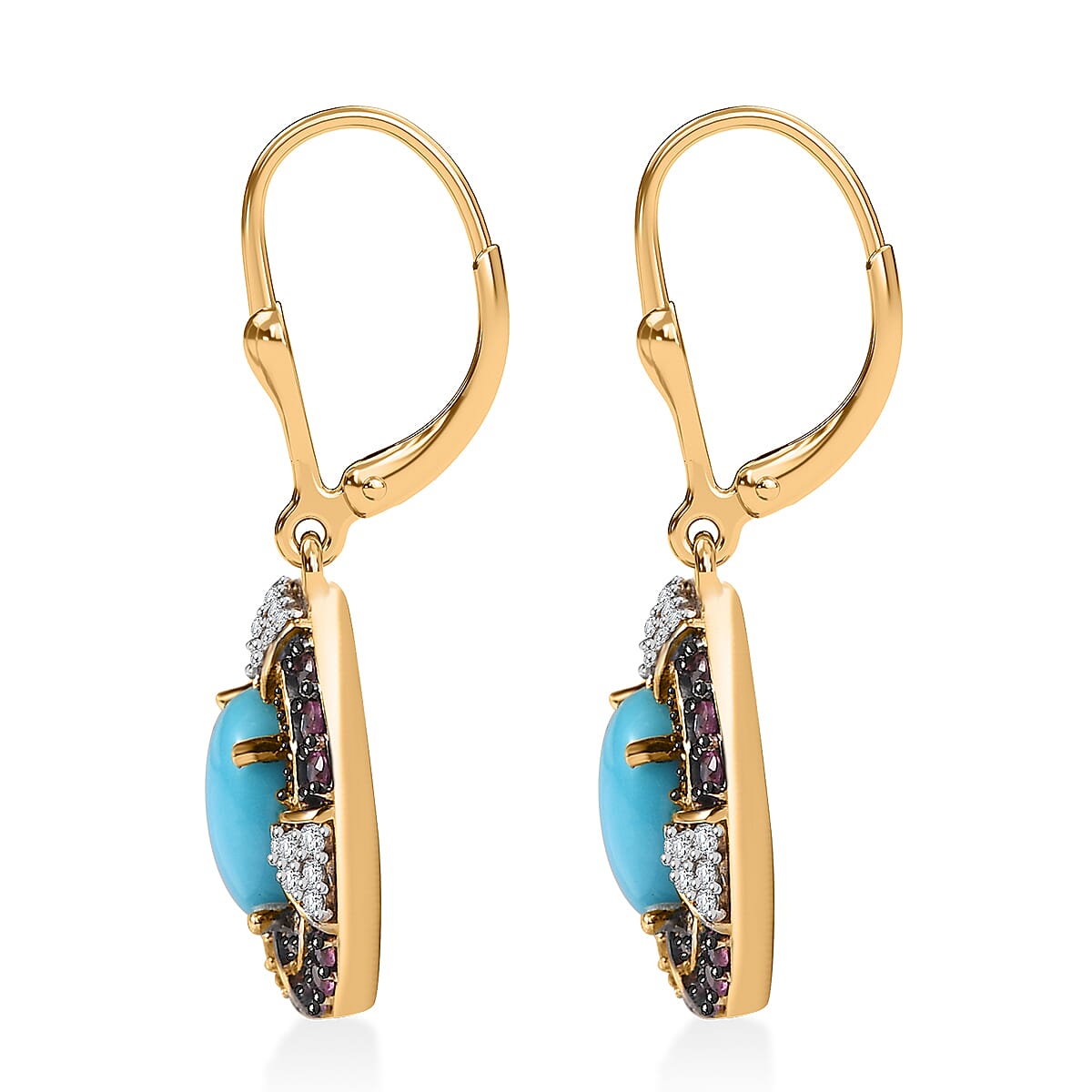 D'Joy Sleeping Beauty Turquoise and Multi Gemstone 4.85 ctw Lever Back Earring in 18K Vermeil Yellow Gold Over Sterling Silver image number 3