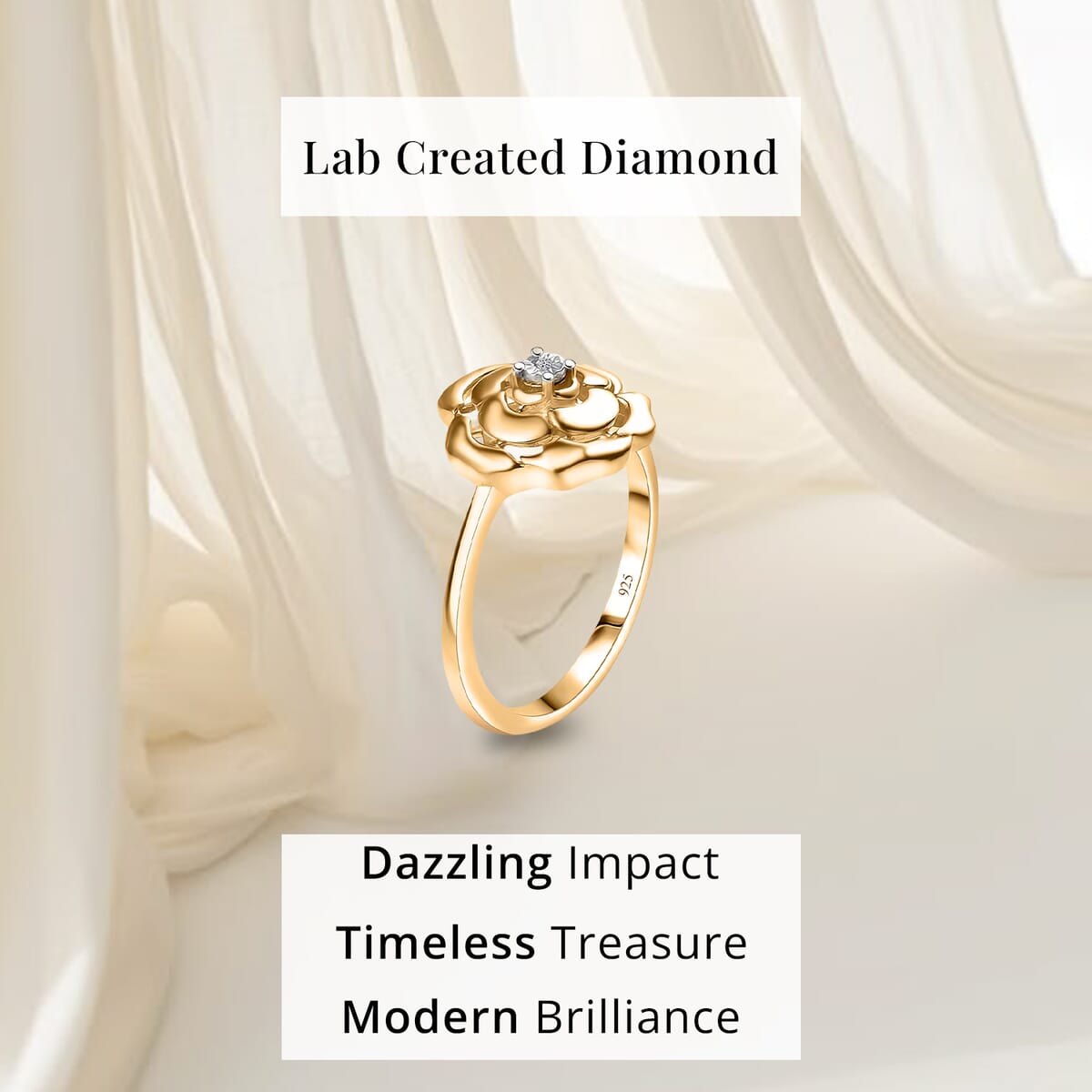 Luxuriant Lab Grown Diamond (VS) Accent Floral Ring in 18K Yellow Gold Over Sterling Silver (Size 10.0) image number 4