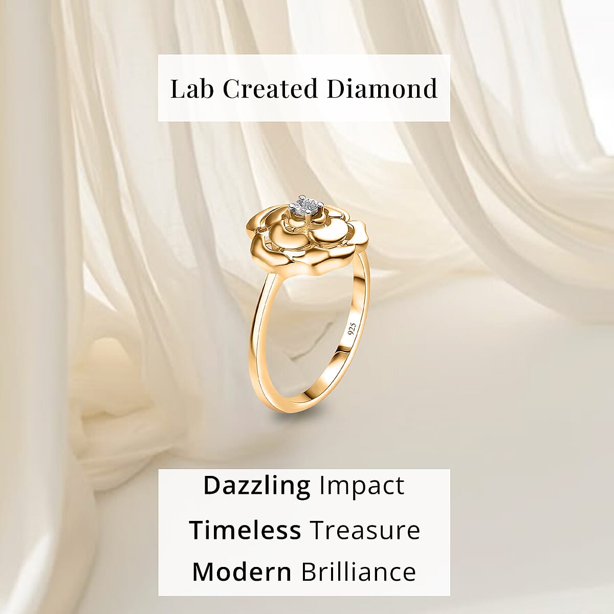 Luxuriant Lab Grown Diamond (VS) Accent Floral Ring in 18K Yellow Gold Over Sterling Silver (Size 8.0) image number 4