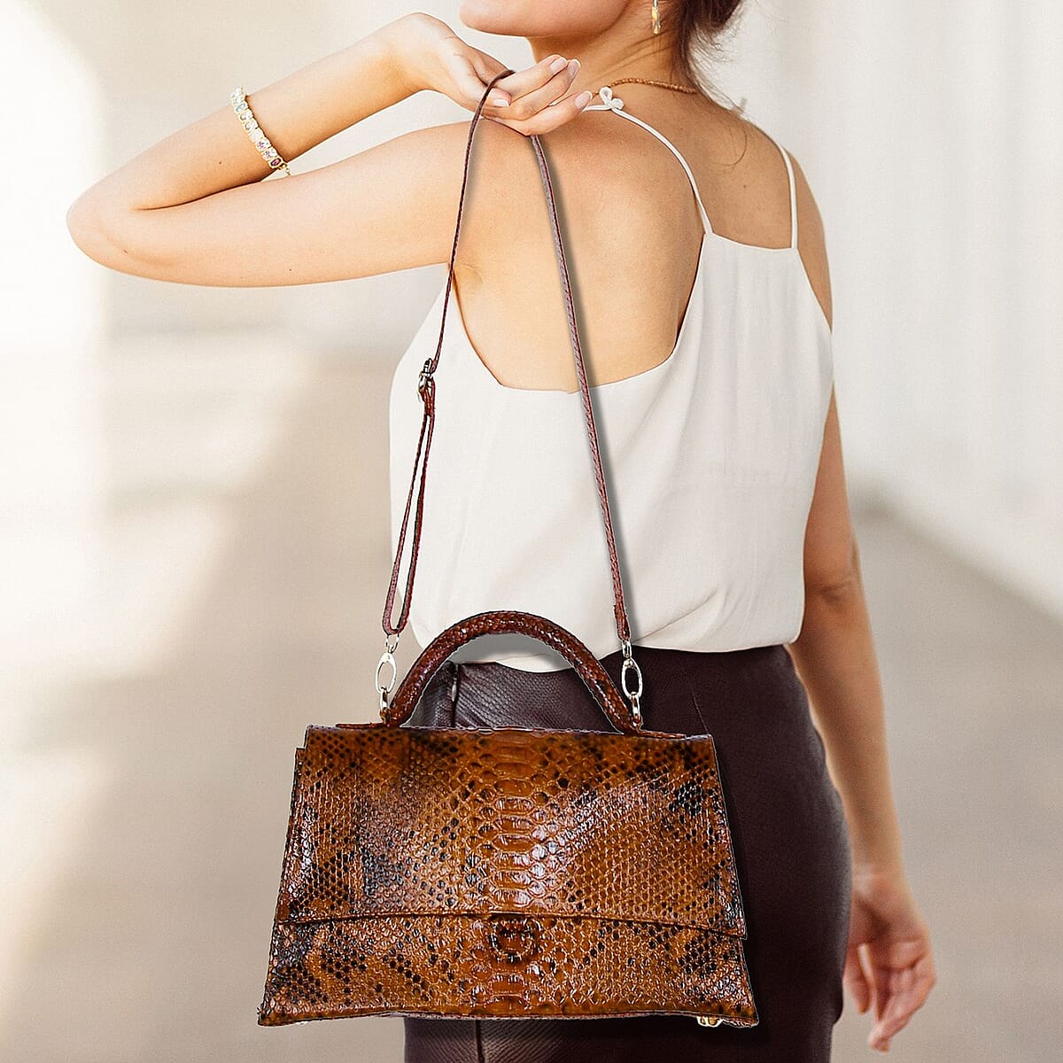 The Grand Pelle Brown 100% Genuine Python Leather Handbag image number 3