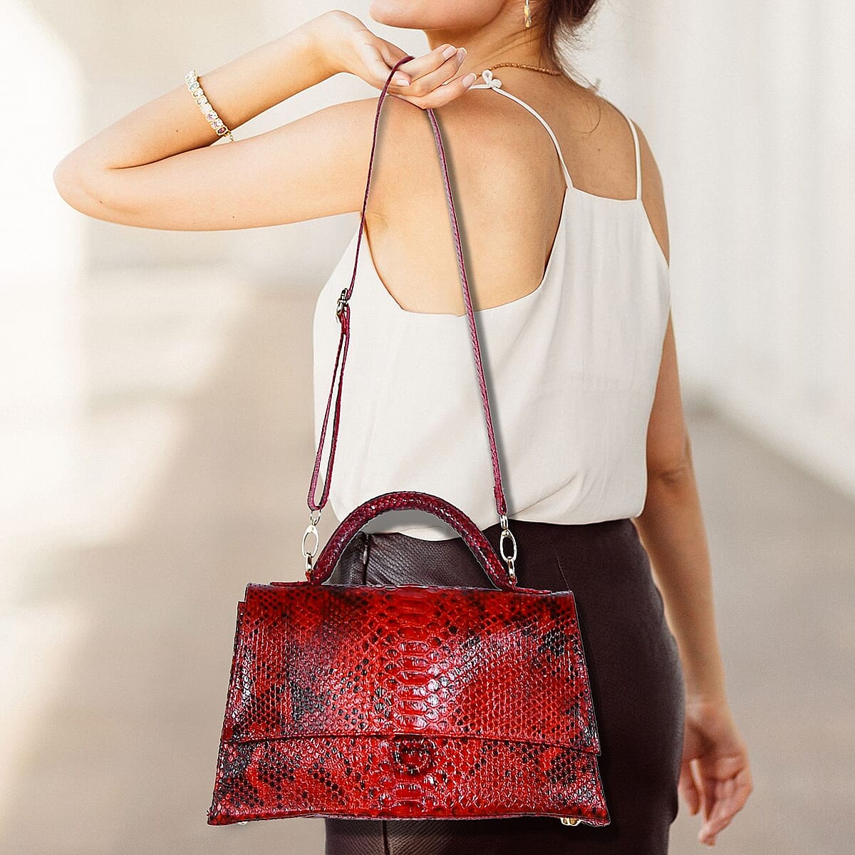 The Grand Pelle Red 100% Genuine Python Leather Handbag image number 3