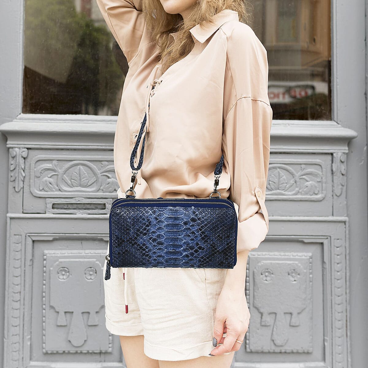 The Grand Pelle Navy Blue 100% Genuine Python Leather Crossbody Wallet image number 2