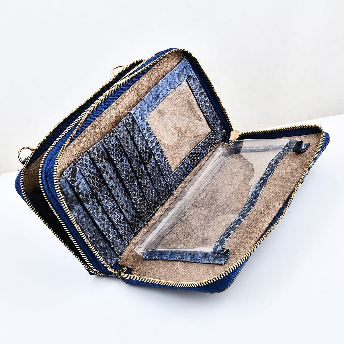 The Grand Pelle Navy Blue 100% Genuine Python Leather Crossbody Wallet image number 7
