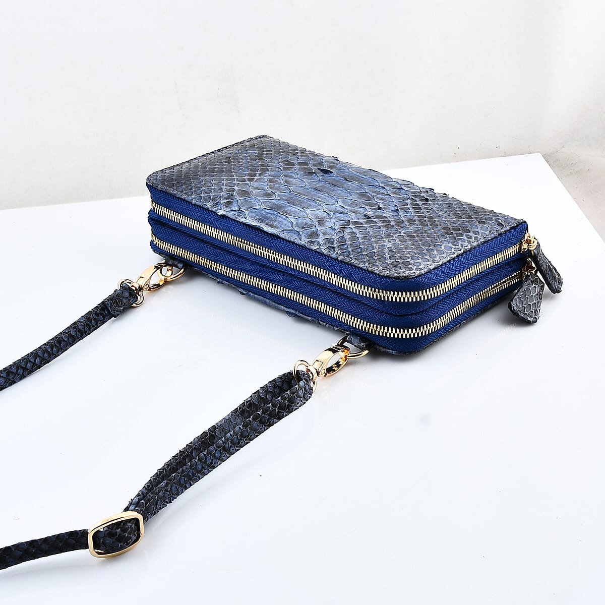The Grand Pelle Navy Blue 100% Genuine Python Leather Crossbody Wallet image number 9