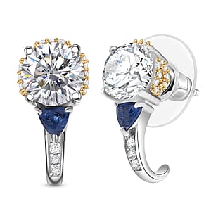 D'Joy Heart and Arrow Cut Moissanite and Masoala Sapphire (D) 3.35 ctw J-Hoop Earrings in 18K Vermeil YG and Rhodium Over Sterling Silver