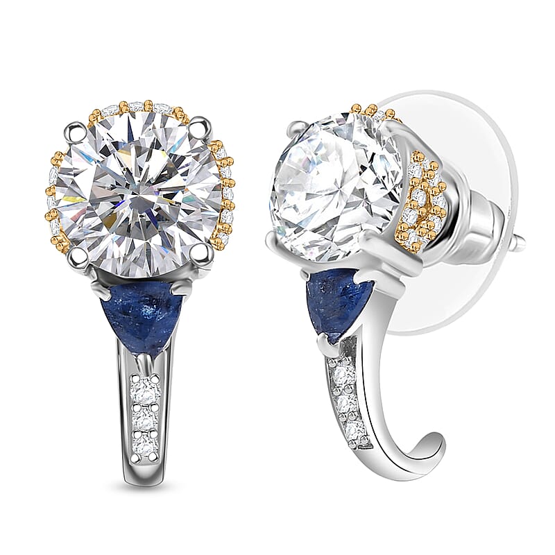 D'Joy Heart and Arrow Cut Moissanite and Masoala Sapphire (D) 3.35 ctw J-Hoop Earrings in 18K Vermeil YG and Rhodium Over Sterling Silver