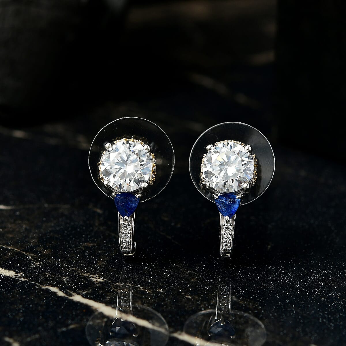 D'Joy Heart and Arrow Cut Moissanite and Masoala Sapphire (D) 3.35 ctw J-Hoop Earrings in 18K Vermeil YG and Rhodium Over Sterling Silver image number 1