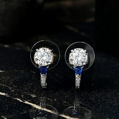 D'Joy Heart and Arrow Cut Moissanite and Masoala Sapphire (D) 3.35 ctw J-Hoop Earrings in 18K Vermeil YG and Rhodium Over Sterling Silver