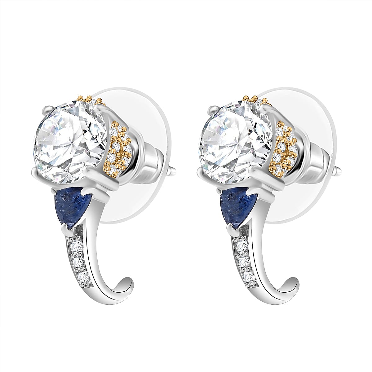 D'Joy Heart and Arrow Cut Moissanite and Masoala Sapphire (D) 3.35 ctw J-Hoop Earrings in 18K Vermeil YG and Rhodium Over Sterling Silver image number 3