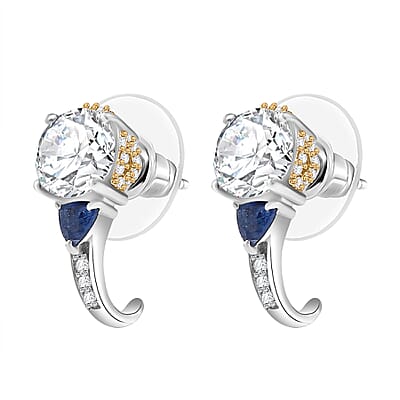 D'Joy Heart and Arrow Cut Moissanite and Masoala Sapphire (D) 3.35 ctw J-Hoop Earrings in 18K Vermeil YG and Rhodium Over Sterling Silver