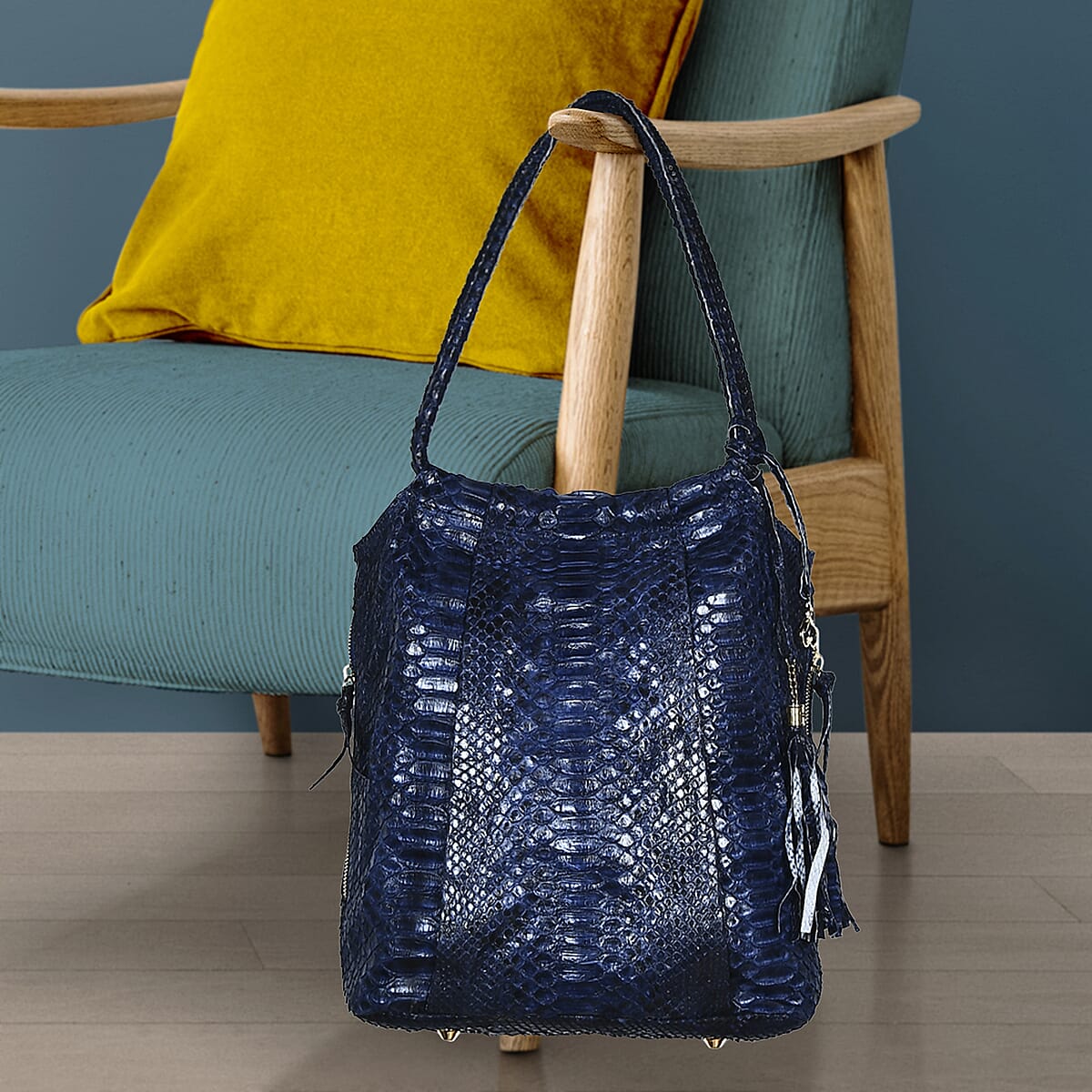 The Grand Pelle Navy Blue 100% Genuine Python Leather Tote Bag image number 1