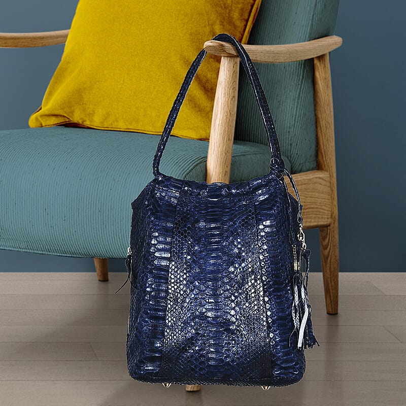 The Grand Pelle Navy Blue 100% Genuine Python Leather Tote Bag