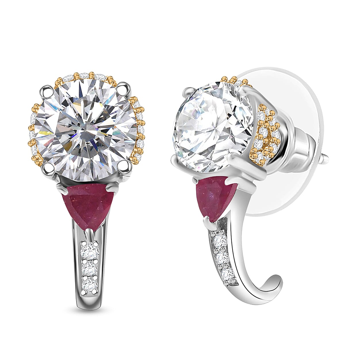 D'Joy Heart and Arrow Cut Moissanite and Niassa Ruby (FF) 3.50 ctw J-Hoop Earrings in 18K Vermeil YG and Rhodium Over Sterling Silver image number 0